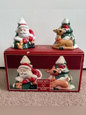 Lenox Rudolph Santa & Reindeer Ceramic Salt and Pepper Shakers with box